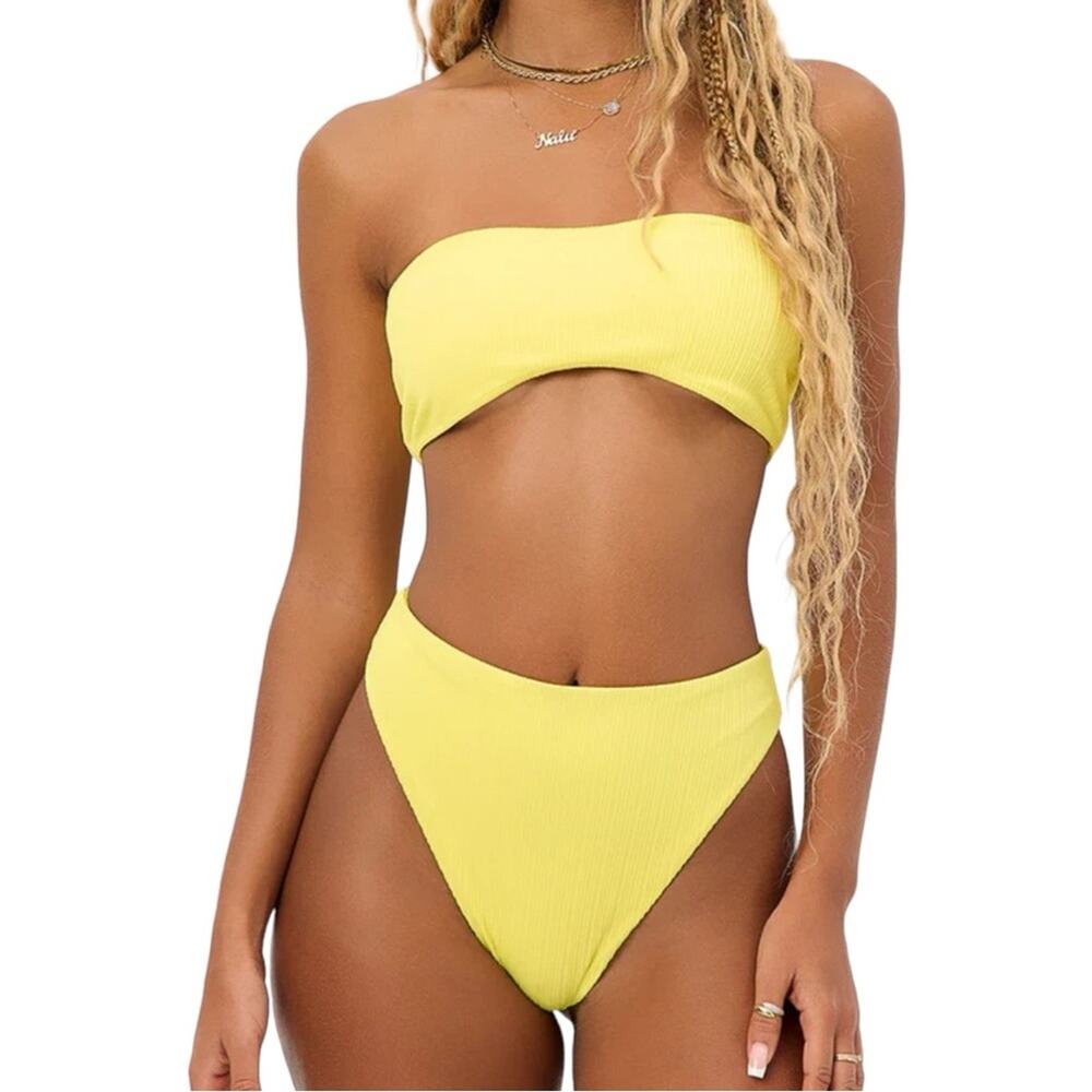 NWT Frankies Bikinis Jean Bandea and Anne Plisse Bottom Yellow Bikini Set XS